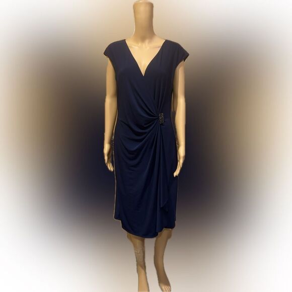 American Living Dark Blue V-Neck Ruched Midi Dress Sz 16 - Picture 1 of 5